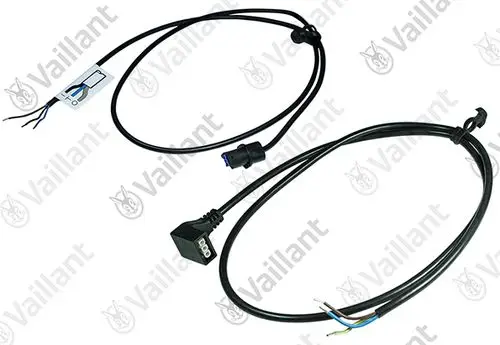 Kabelsatz von Vaillant mit einem Steckverbinder und abisolierten Drähten. Enthält zwei verschiedene Kabelstränge für elektrische Anschlüsse.
